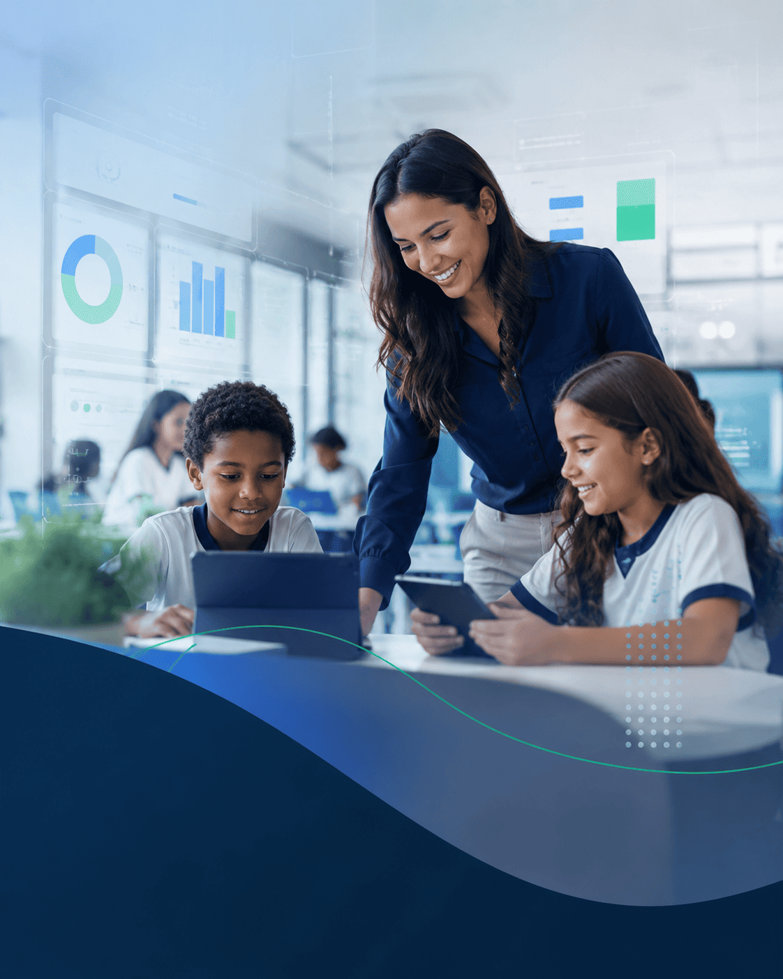Professora e alunos usando a plataforma